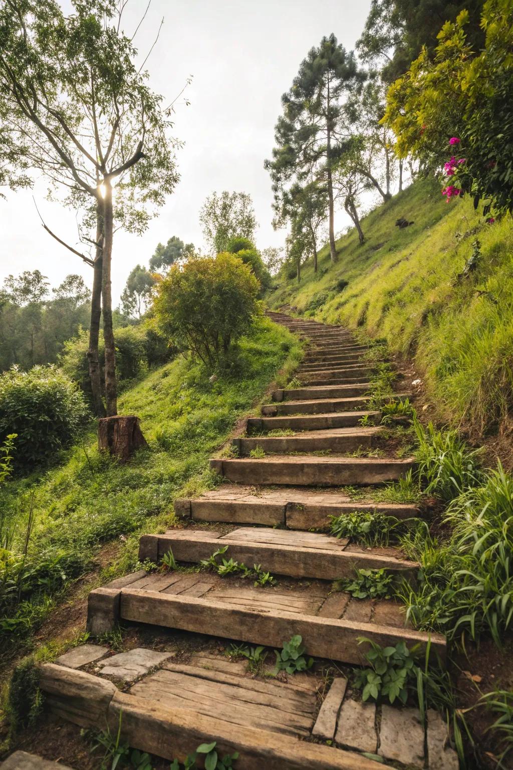 Reclaimed timber walkways add countryside appeal to any garden slope.