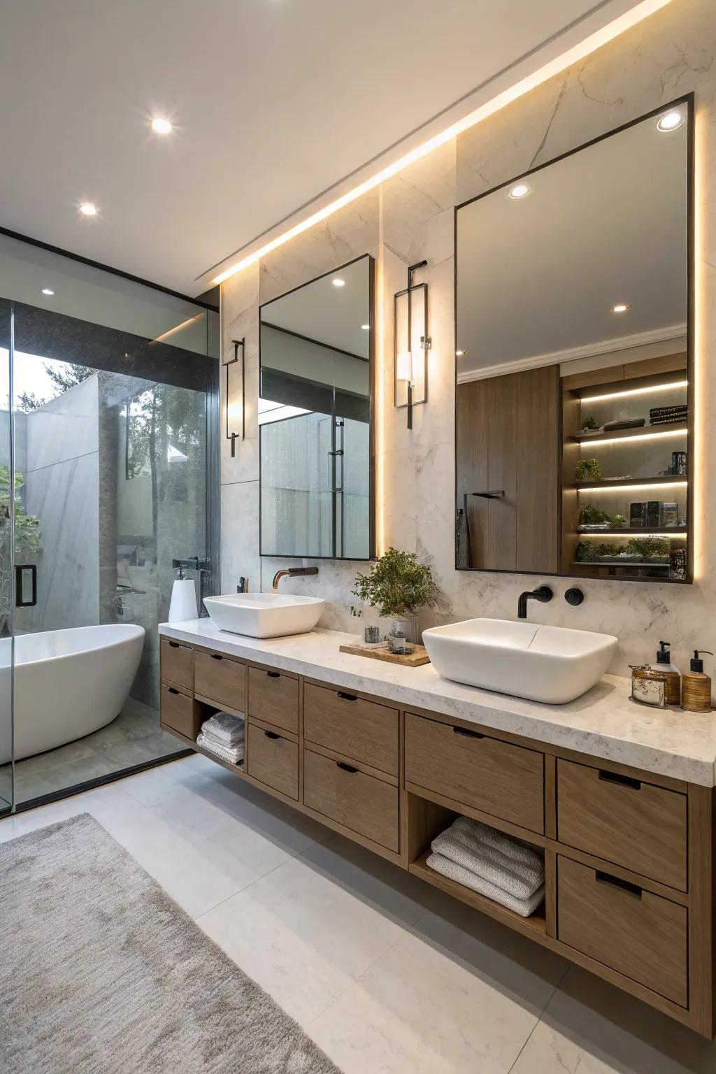A contemporary bathroom showcasing stylish wall-mounted vanities.