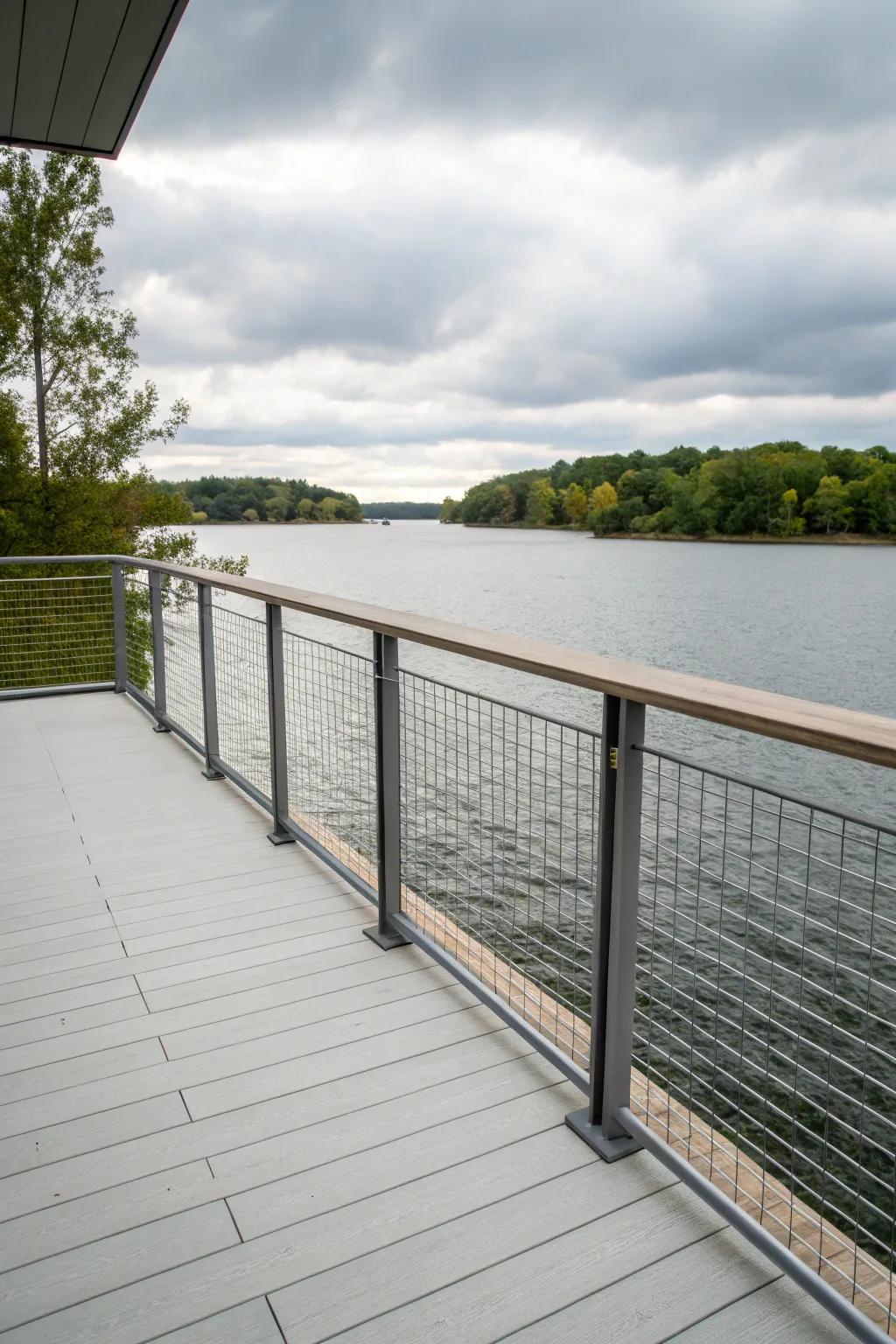 Metal mesh panel railings present a minimalist design that maximizes visibility.