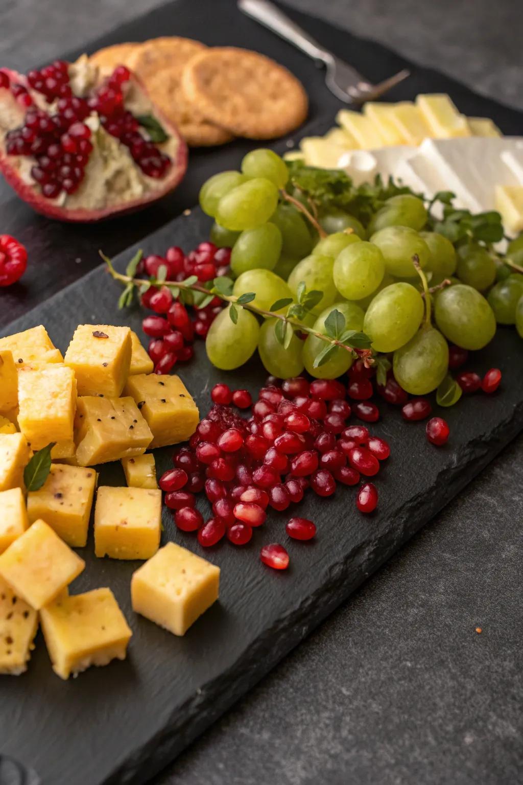 A bright, colorful charcuterie board designed for the holiday season.