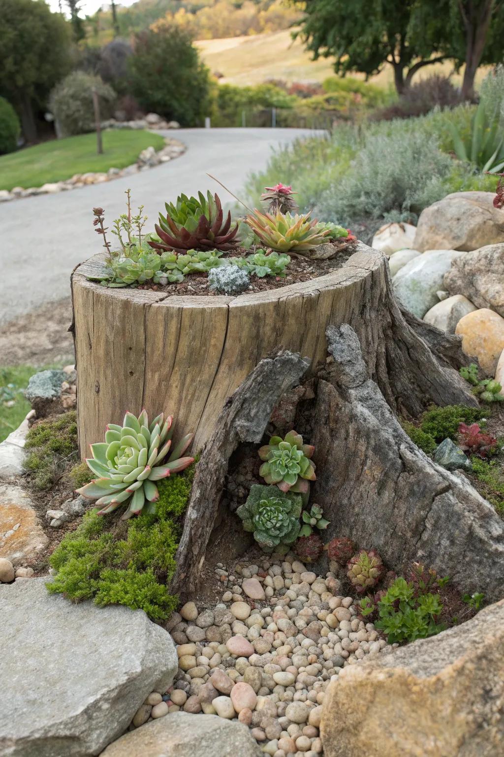 Succulents flourish in this natural tree stump pot.
