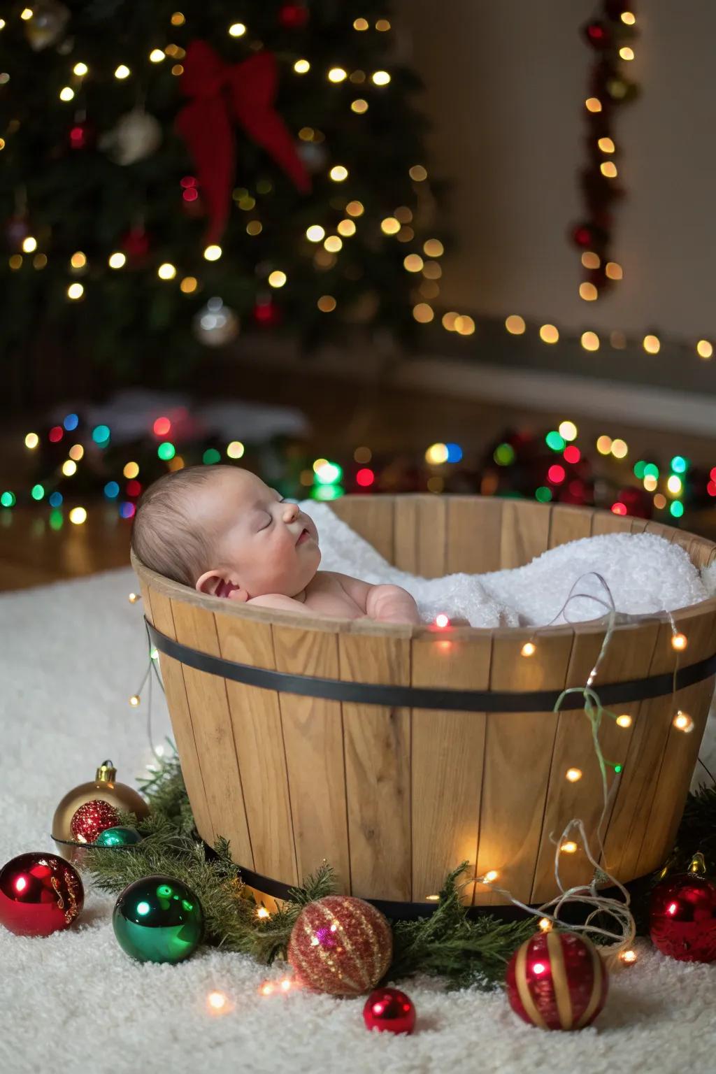 A playful and merry bathtime scene when taking a baby's photoshoot.