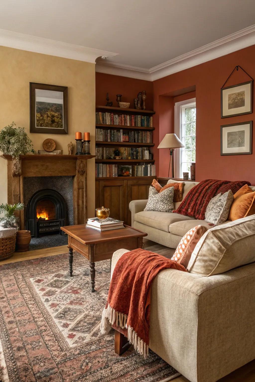 A cozy living room featuring warm earthy tones