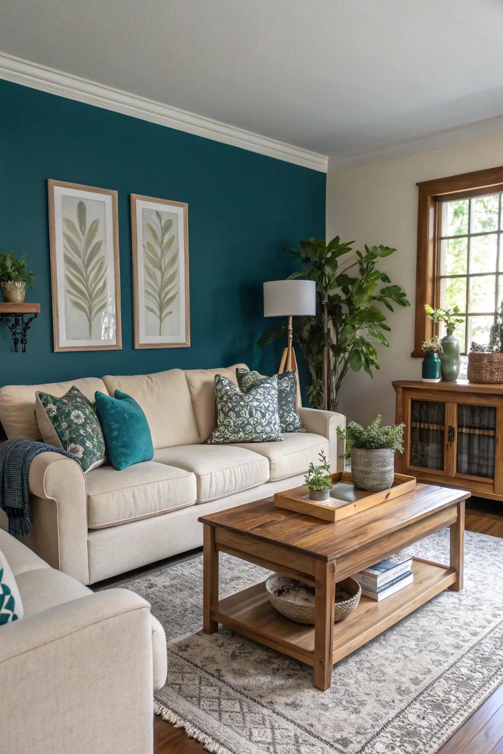 A living room enlivened by a bold teal accent wall.