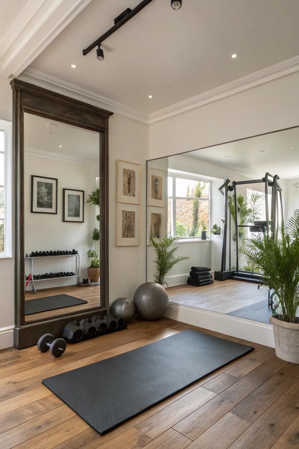 A decorative looking-glass casing introduces character to this home fitness area.