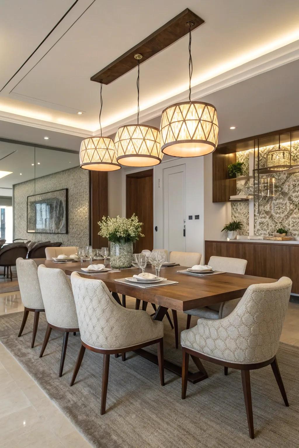 Modern hanging lights improve the style and atmosphere of your dining space.