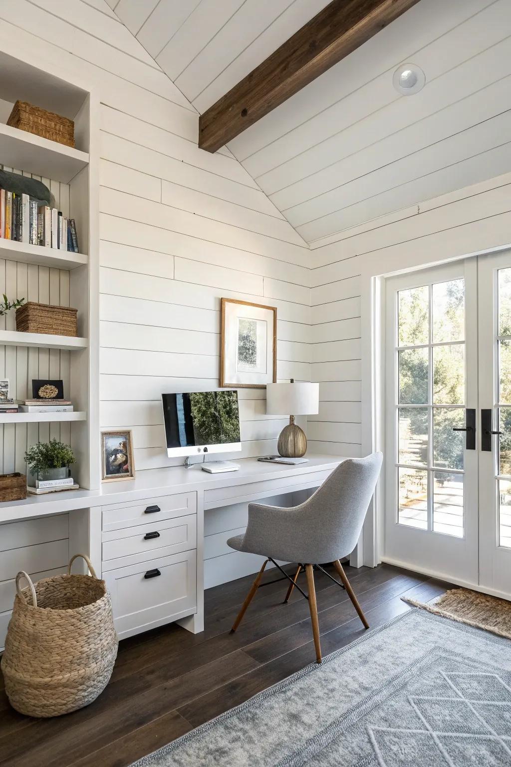 Textured shiplap lends charm and visual intrigue to this modern home office.