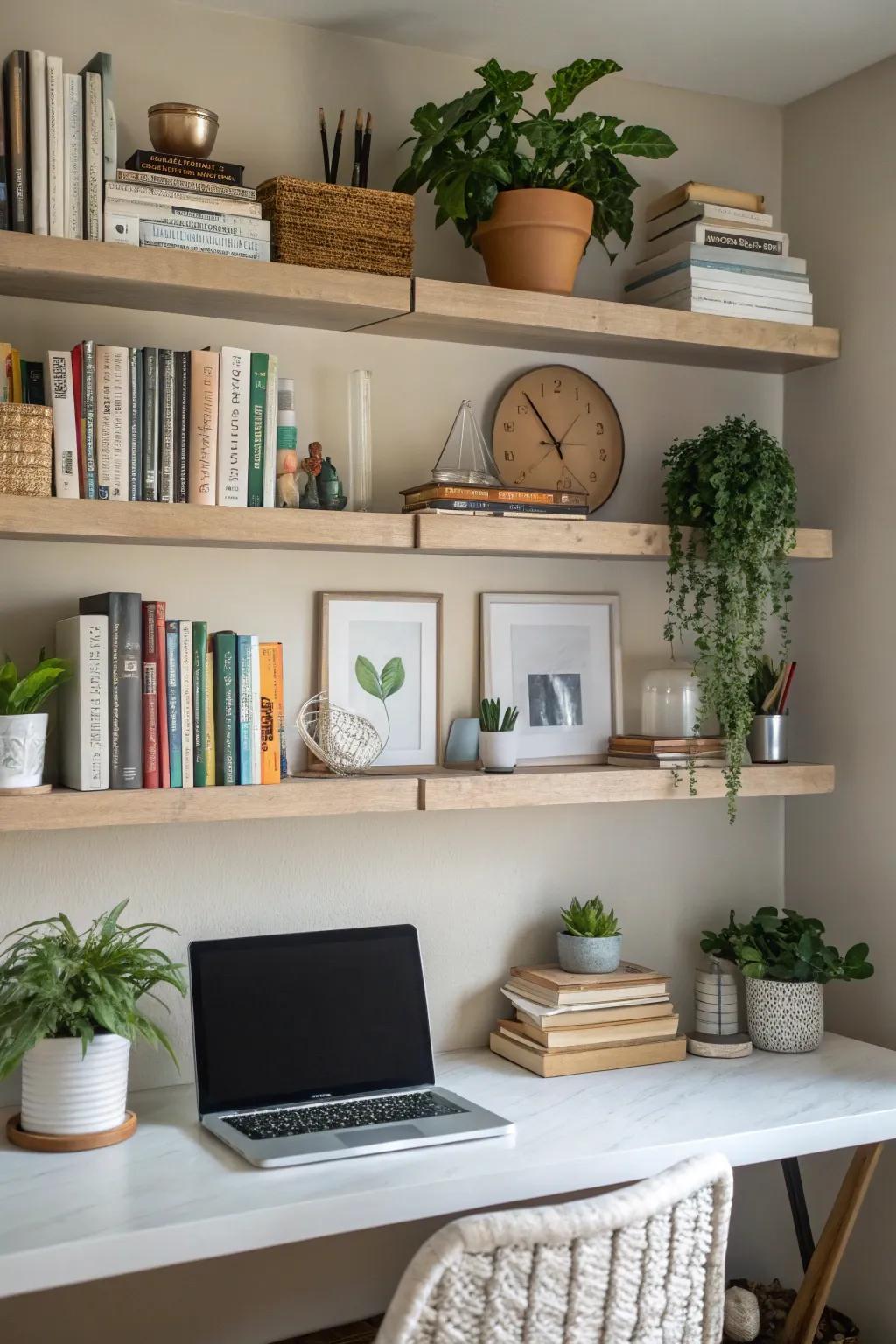 Shelves that appear to float offer functional storage and a personal touch.