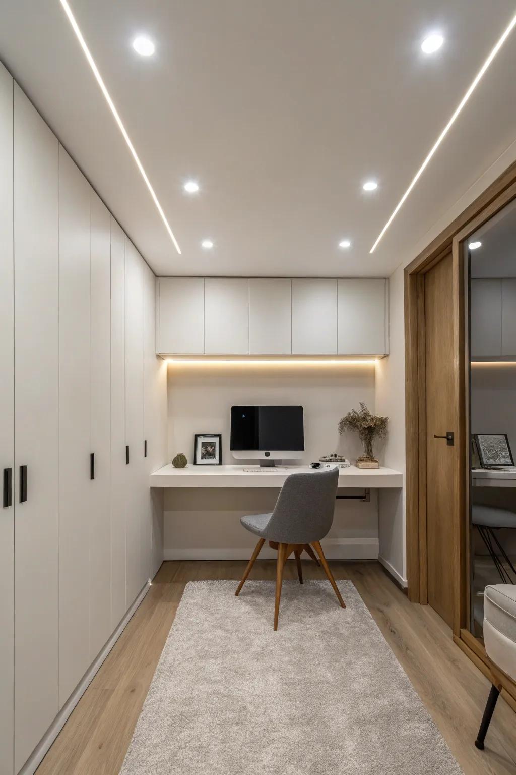 Recessed lighting offers a streamlined, contemporary solution for home office illumination.