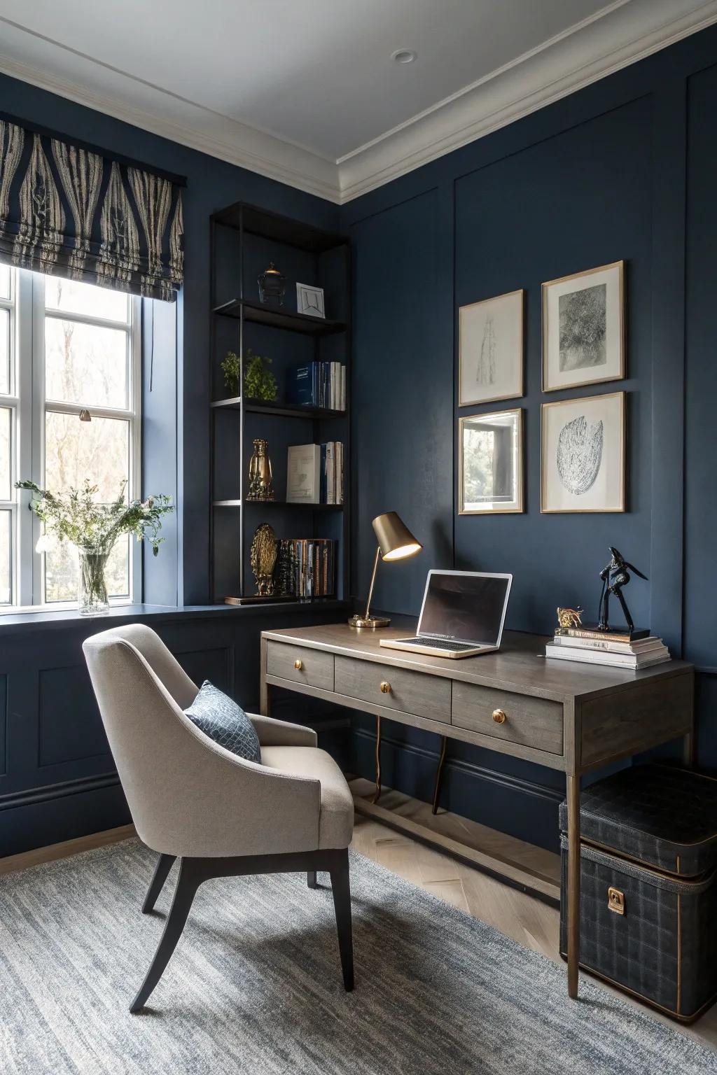 Deep ocean walls contribute richness and sophistication to this personal office.