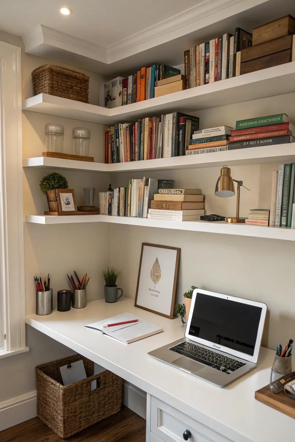 Angle shelves optimize the space and enhance performance.
