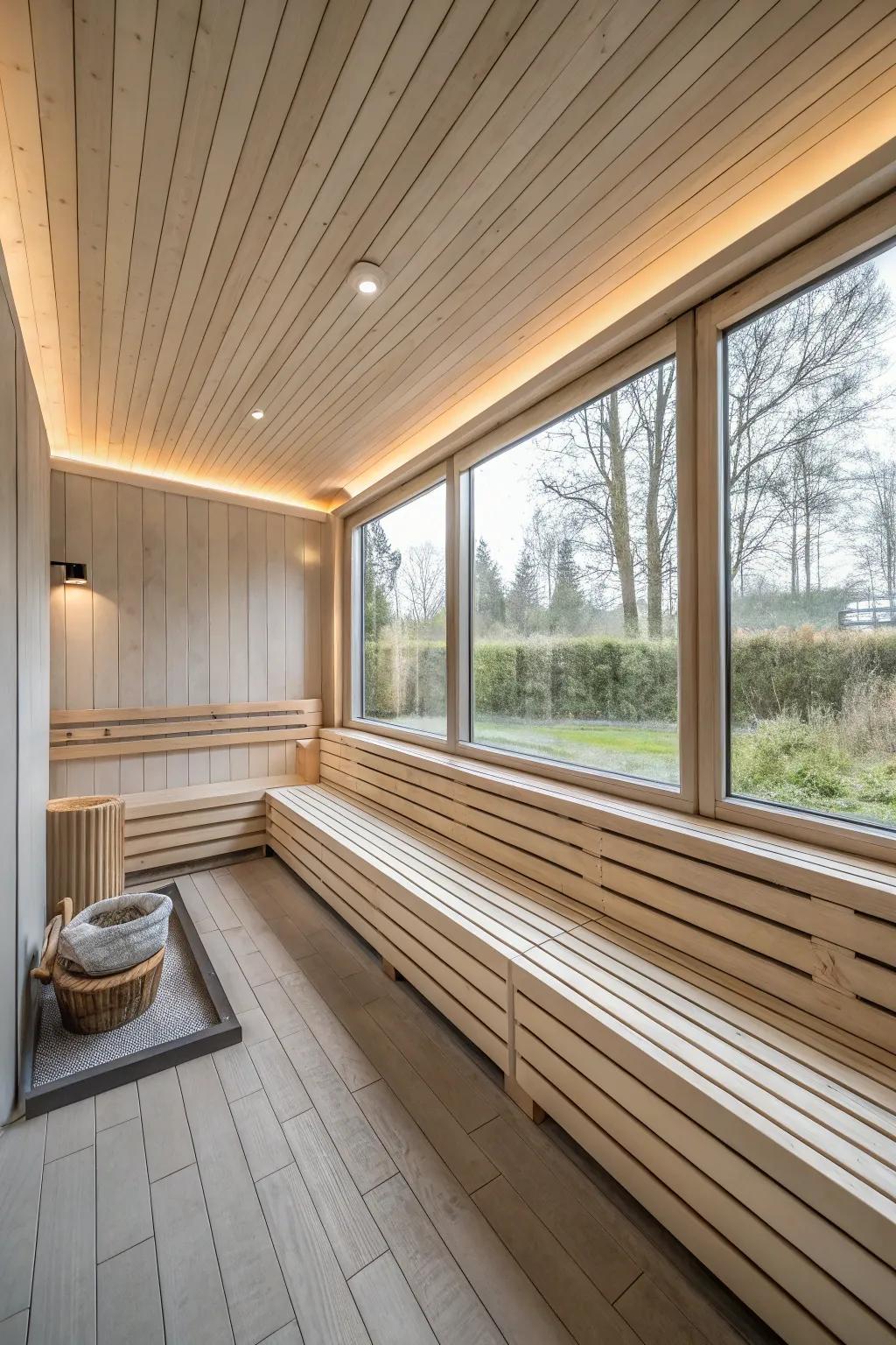 A simple sauna with a focus on simplicity and leisure.