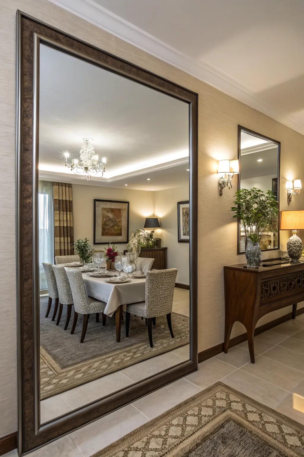 A mirror amplifies the space in this delightful dining area.
