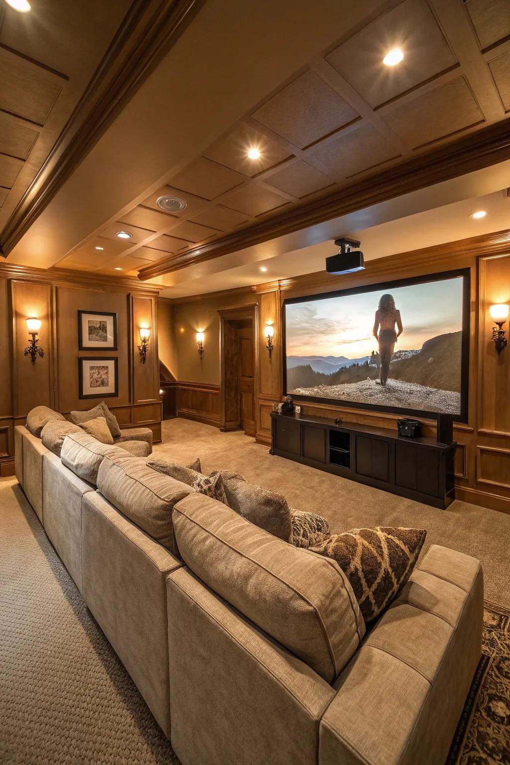 Sectional sofas present flexible seating choices for a snug movie experience.