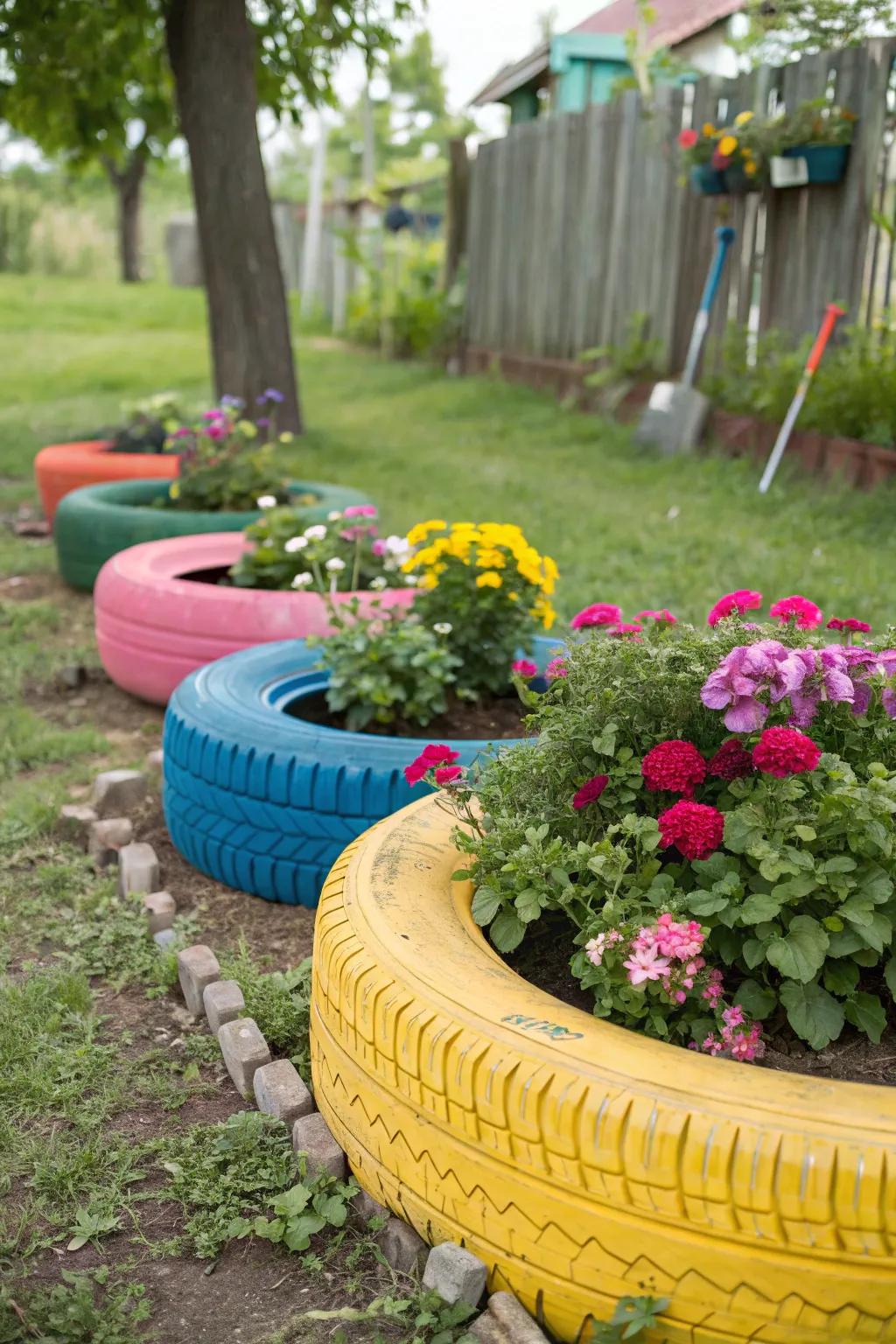 Vibrantly painted circular rubbers give your garden a fresh feel.