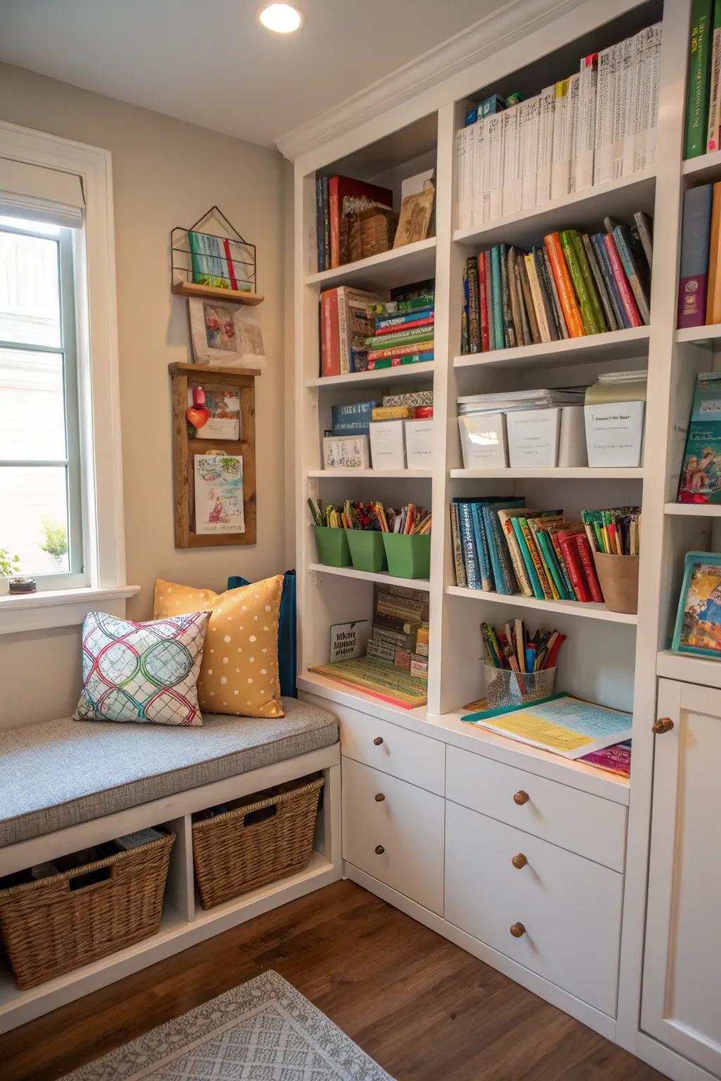 Open shelves provide ample storage without cluttering your homeschool area.