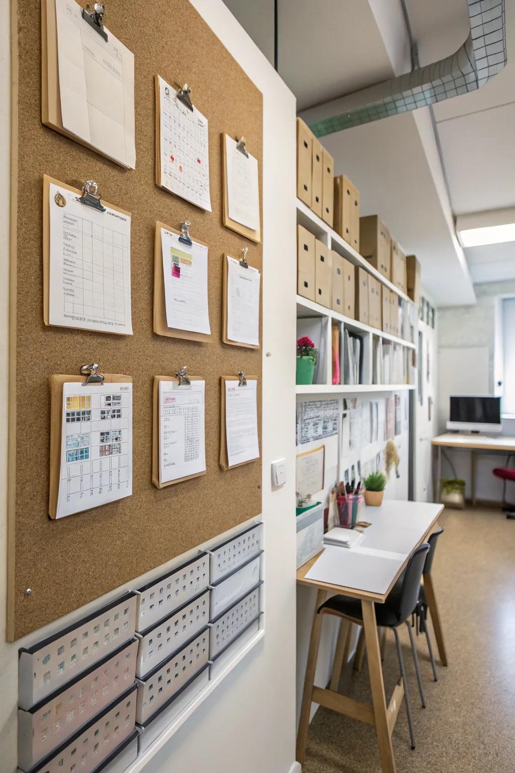 Optimizing space using vertical wall-mounted organizers.
