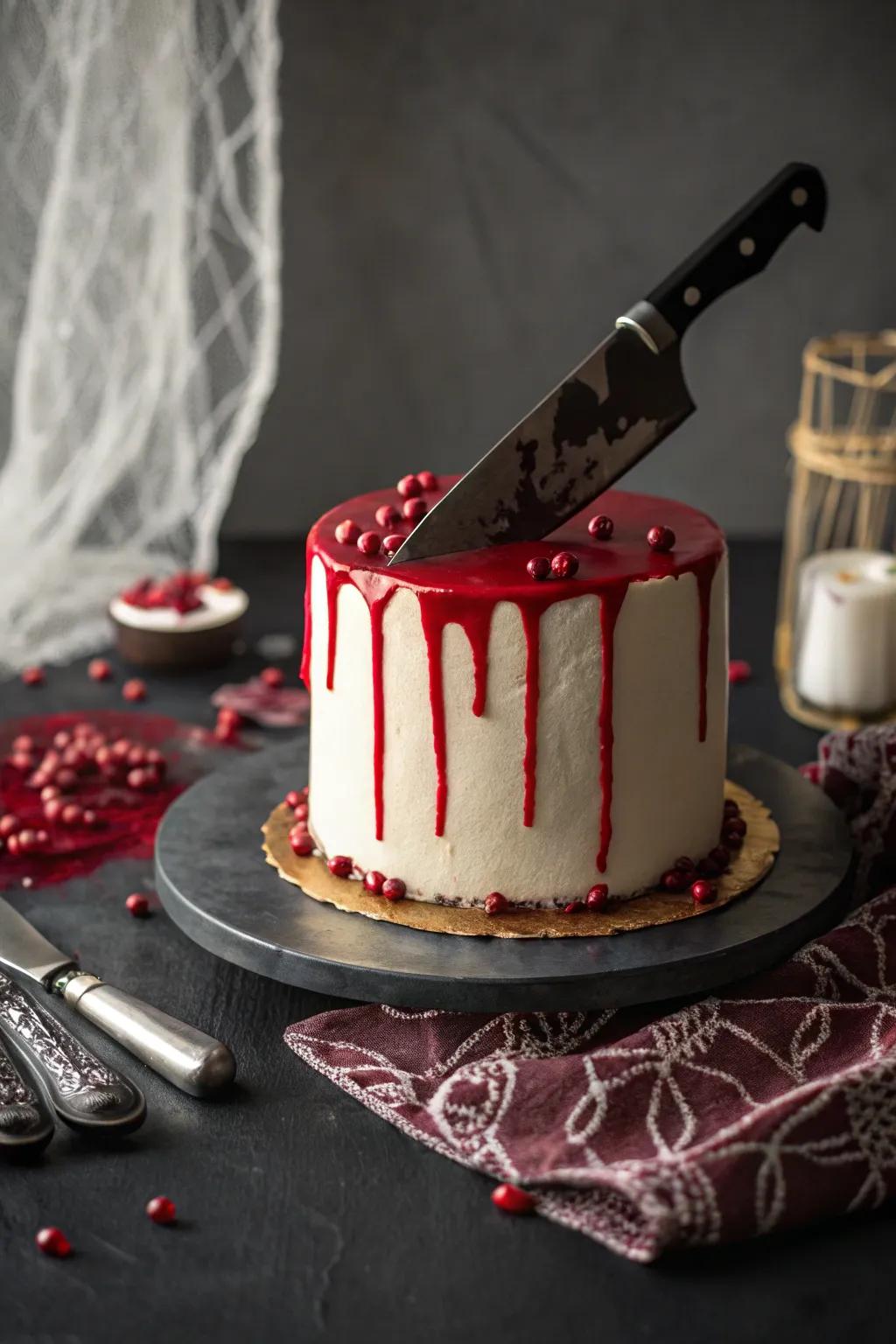 A bold, sharp edge-themed cake slicing directly into the macabre.
