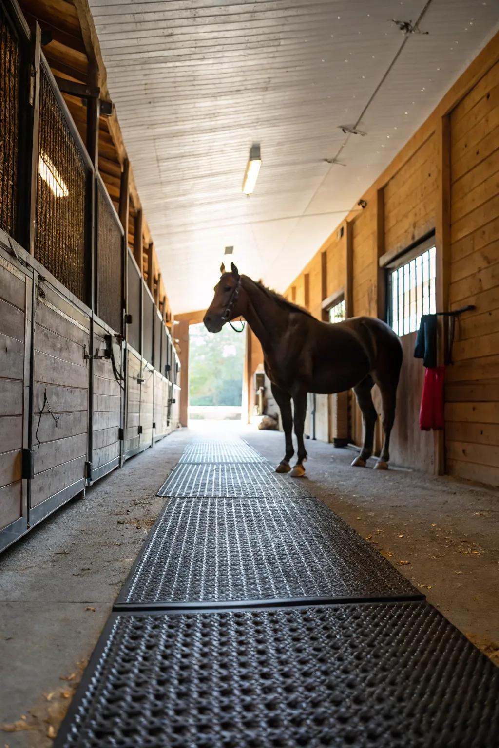 Polymer cushions improve well-being and protection, making them perfect for busy equine facility areas.