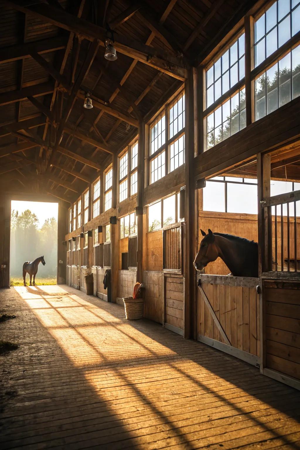 Expansive windows allow natural sunlight to flood the barn, providing warmth and energy efficiency.