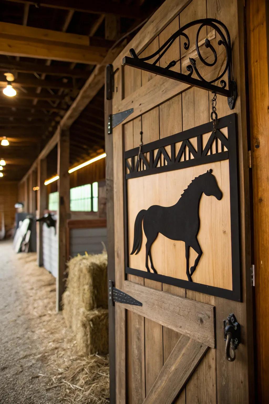 An inventive outline of an equine featured on a stall marker.