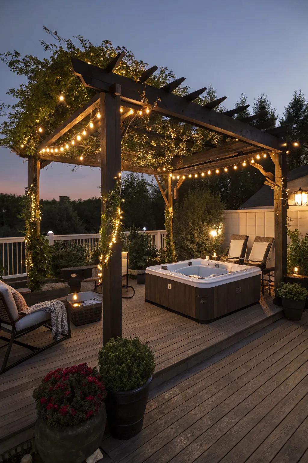 A pergola gives an elegant and shaded space to your hot tub deck.