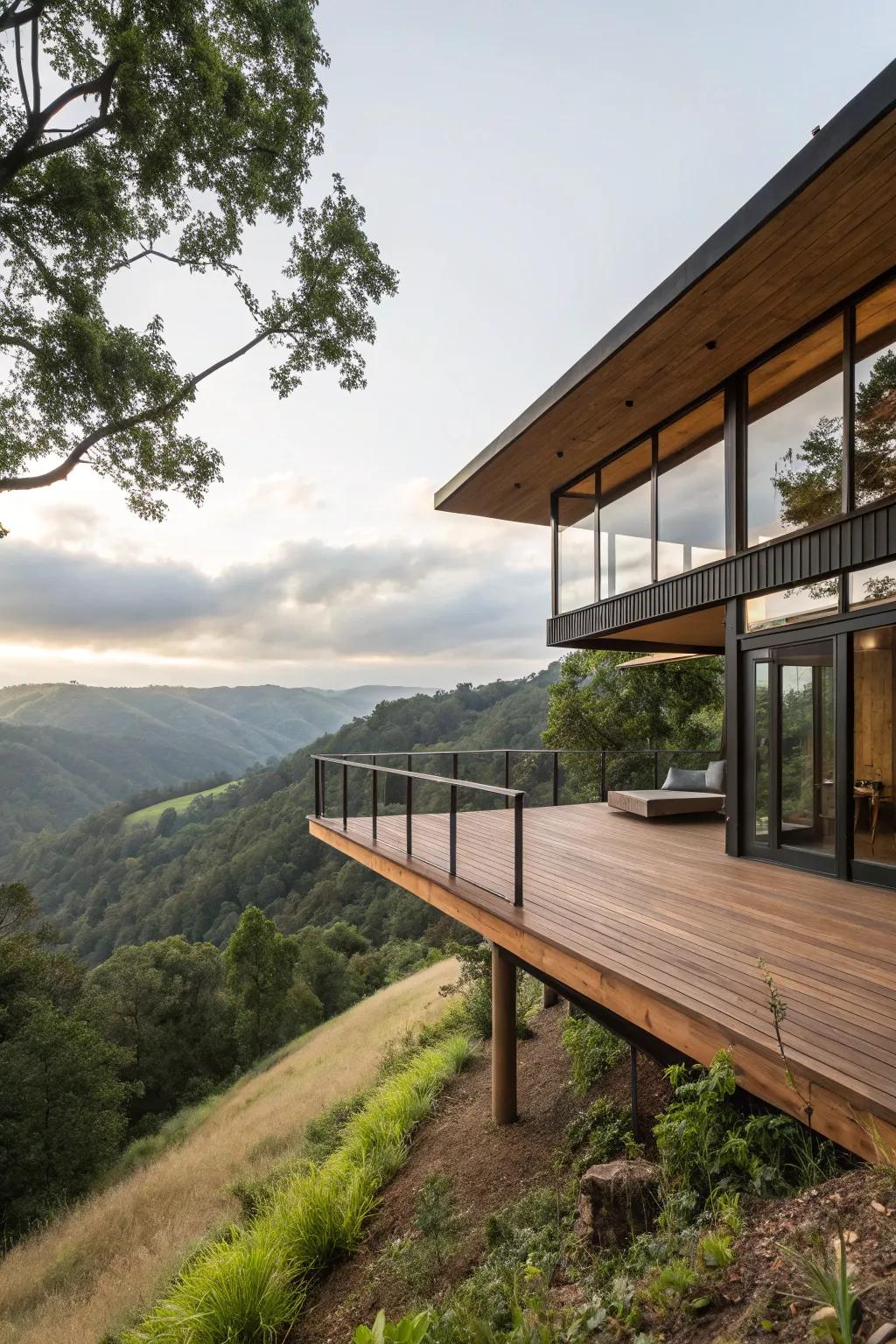 A cantilevered form lends drama and maximizes space in a hillside home.
