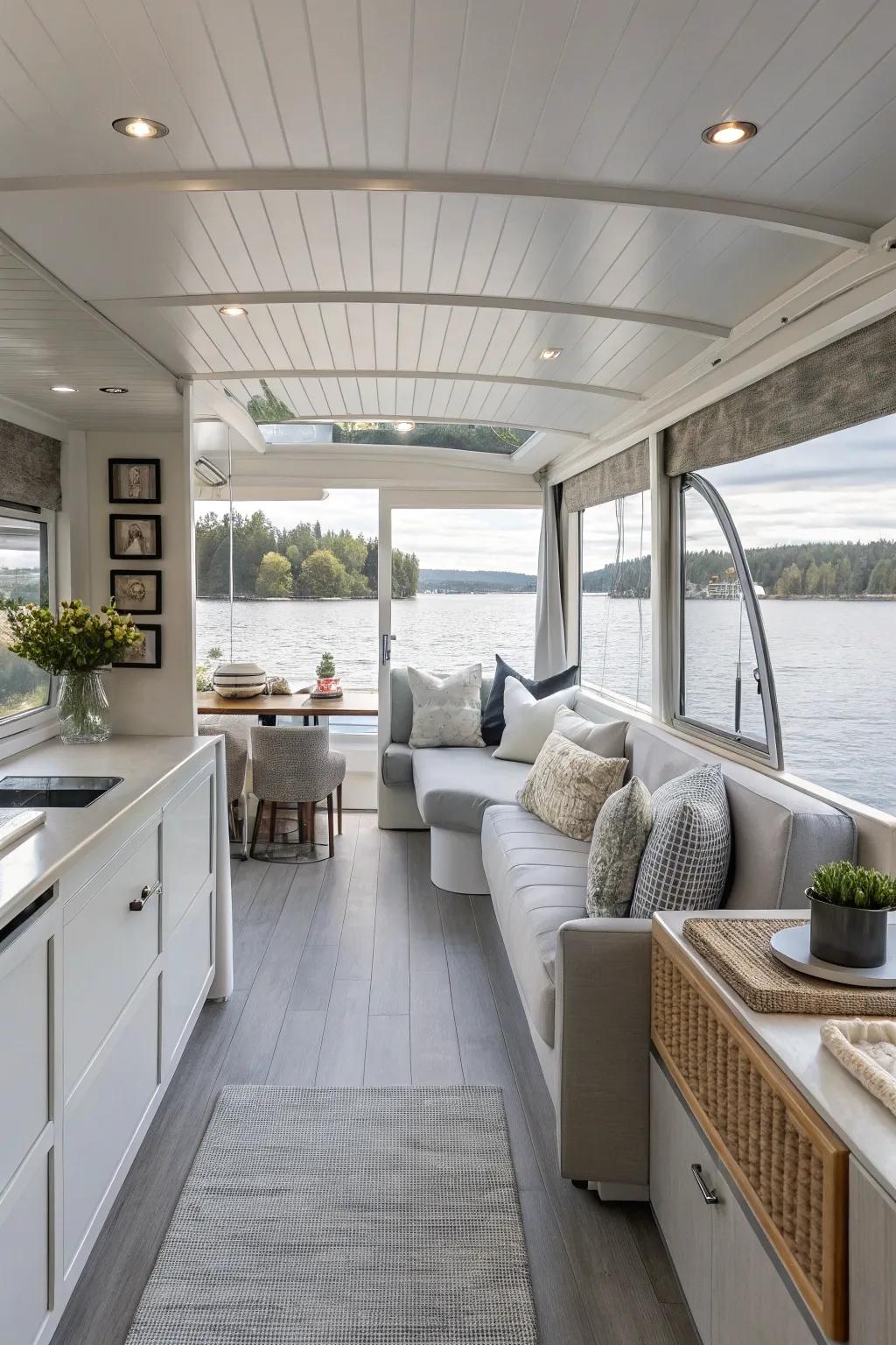 A soothing neutral palette brings calm to this houseboat's interior.