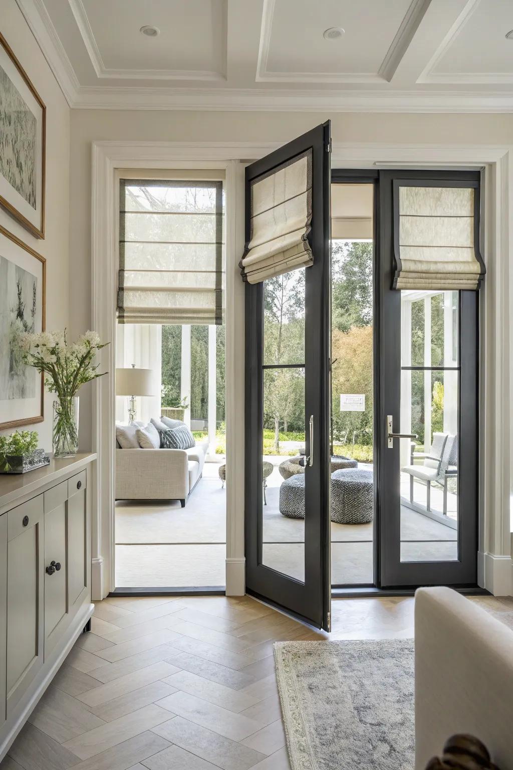 Layered shades deliver a refined and stylish touch to French doors.
