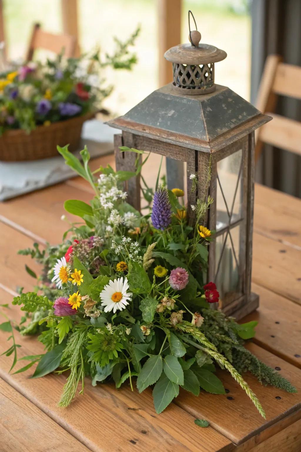 Rustic appeal with native flowers in a classic lantern.
