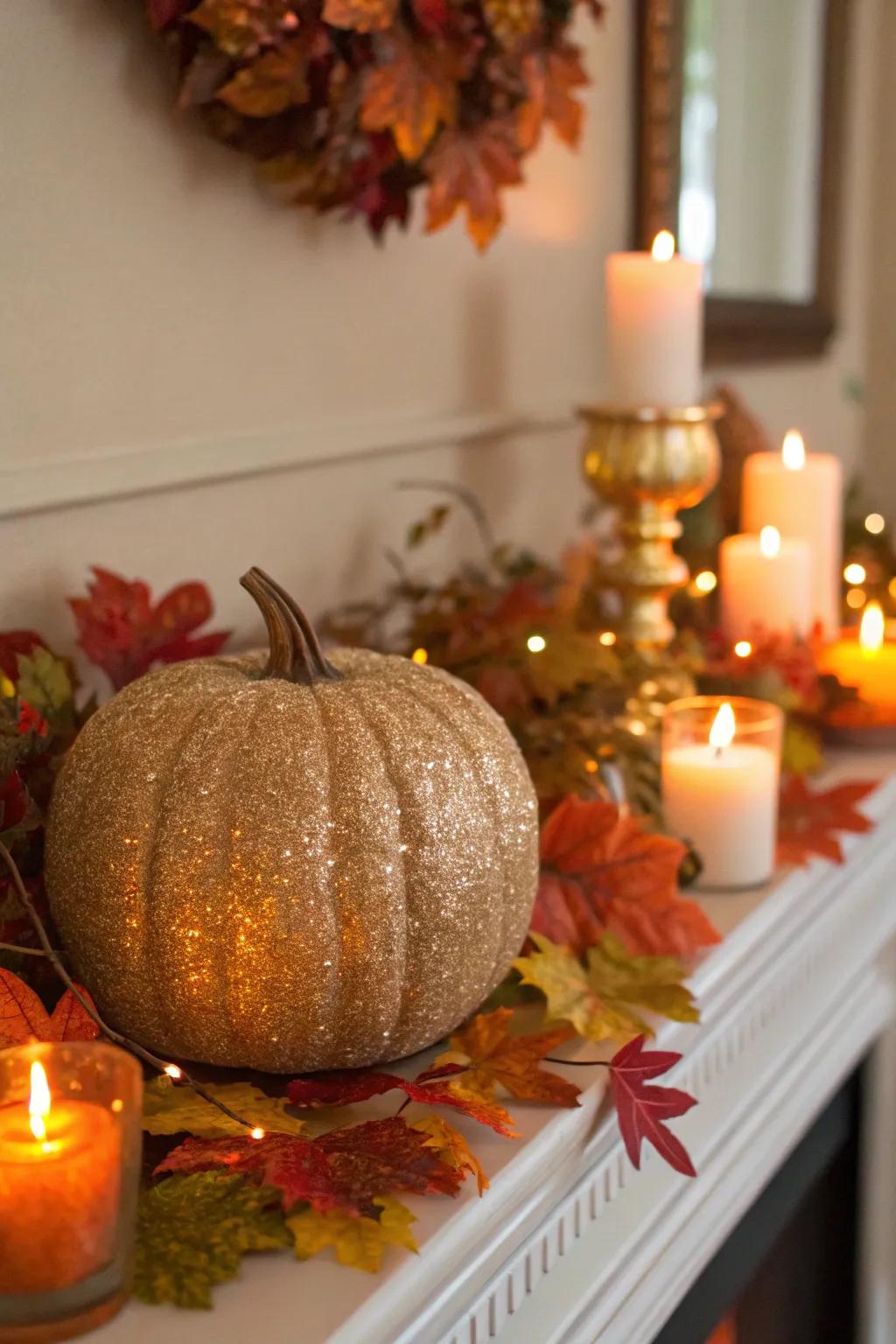 A luminous glitter-coated pumpkin, contributing a dash of sophistication to your autumnal decor.