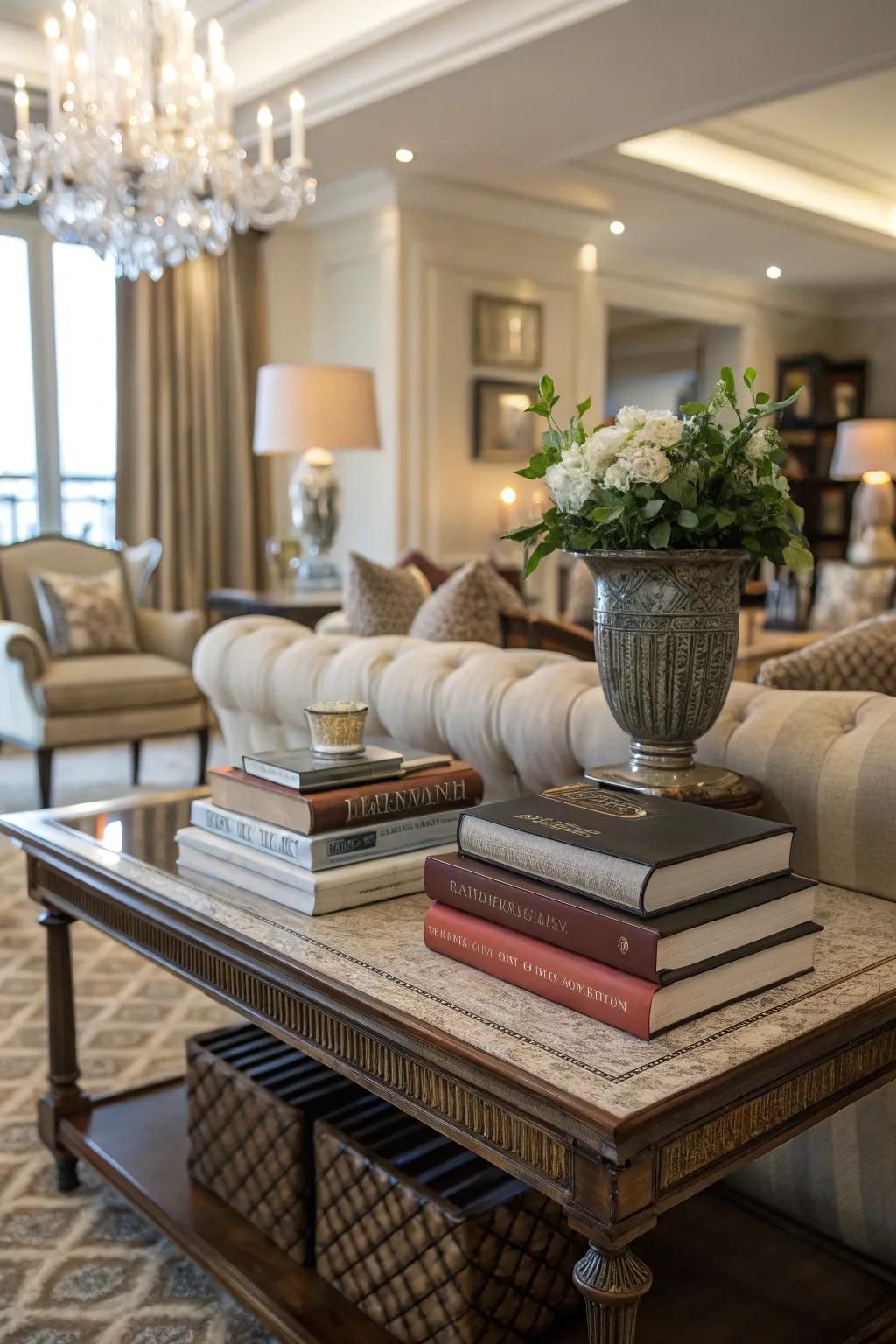 Books contribute color and polish to a sofa table.