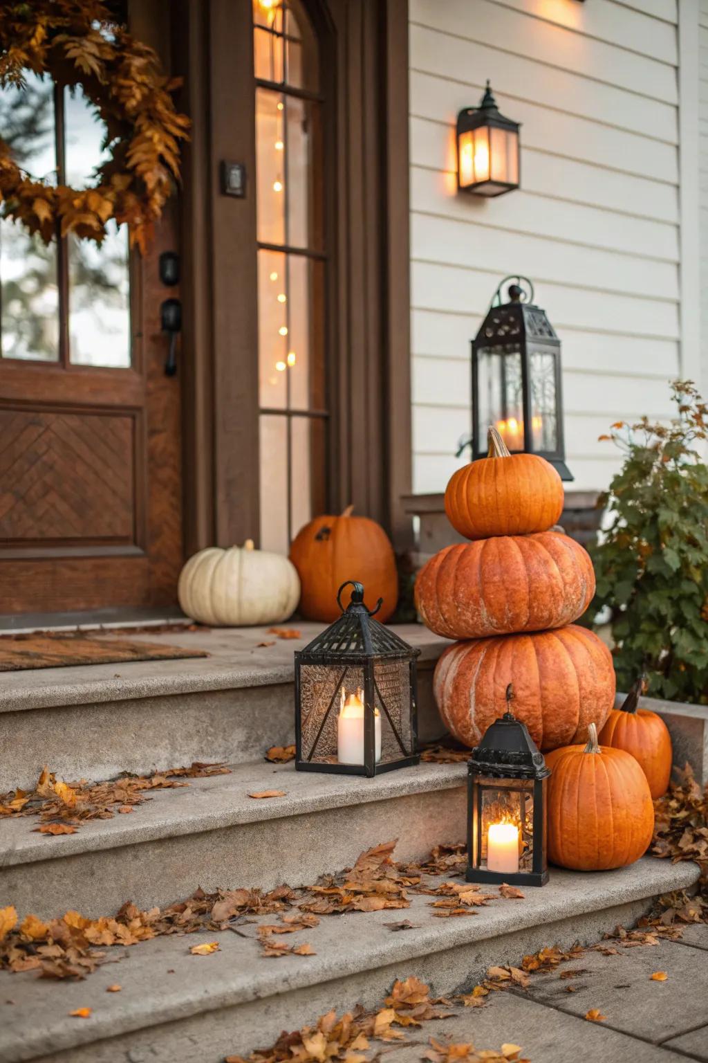 A festive gourd arrangement on a front porch.