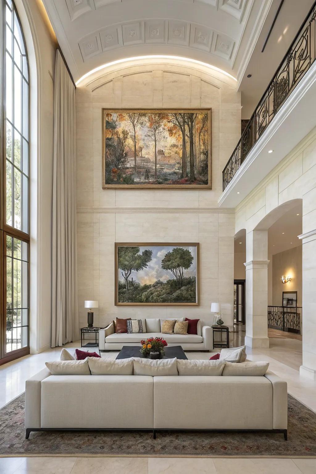 Grand artwork injects intrigue and proportionality to lofty walls.