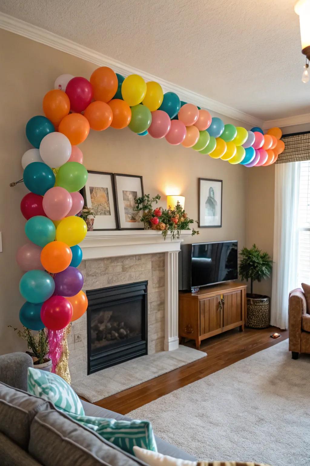 An array of balloon colors artfully draped over a mantel, introducing a cheerful touch within the living area.