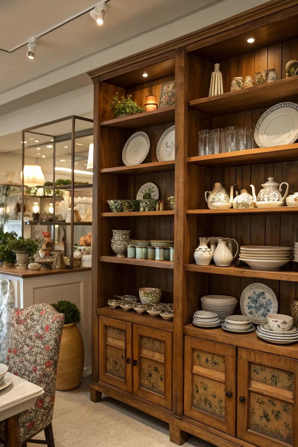 Open shelves displaying a beautifully curated array of china and decorative accents.