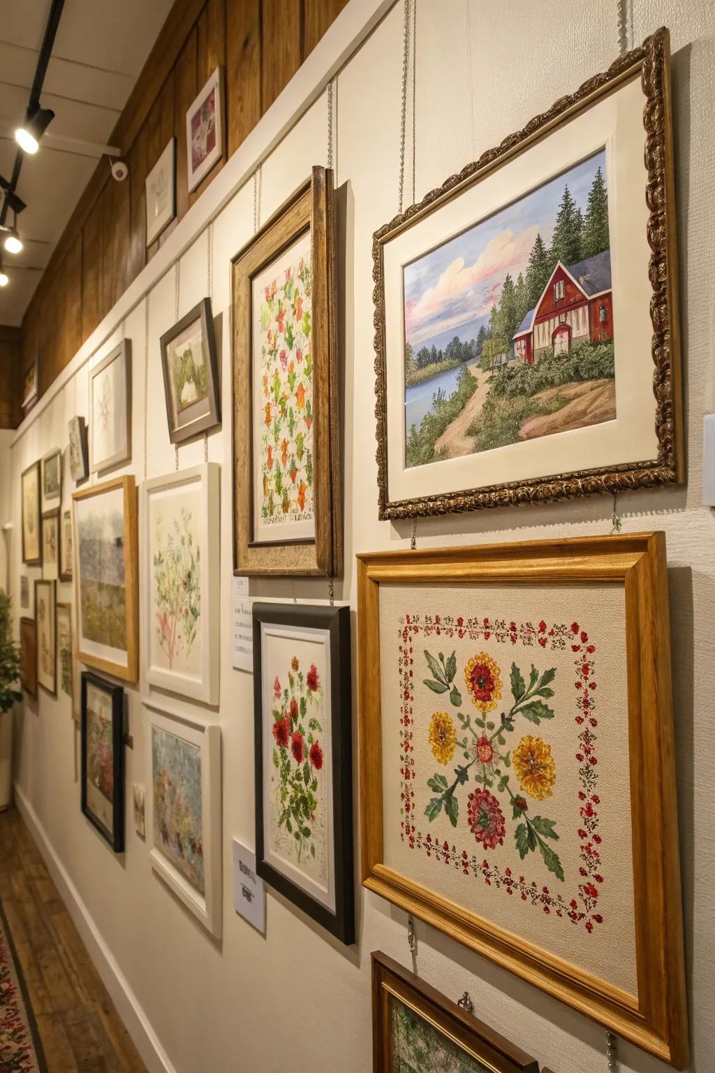 A wall display combining needlepoint with various art styles for a lively look