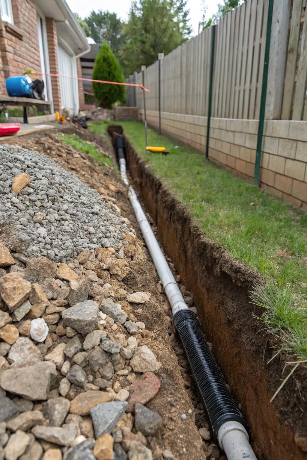 Subsurface drain setup effectively directs water away.