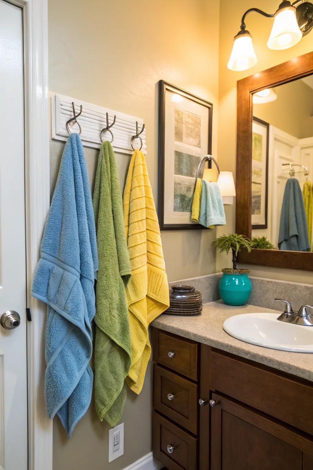 Towel hooks are a great way to save space while still displaying your towels nicely.