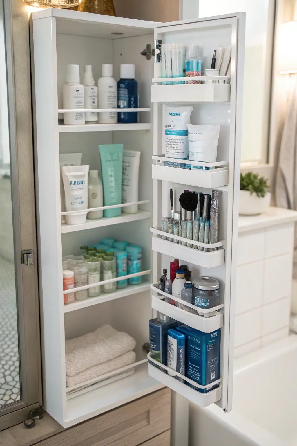 Tiered shelves inside a bathroom cabinet, enhancing storage by maximizing vertical space.