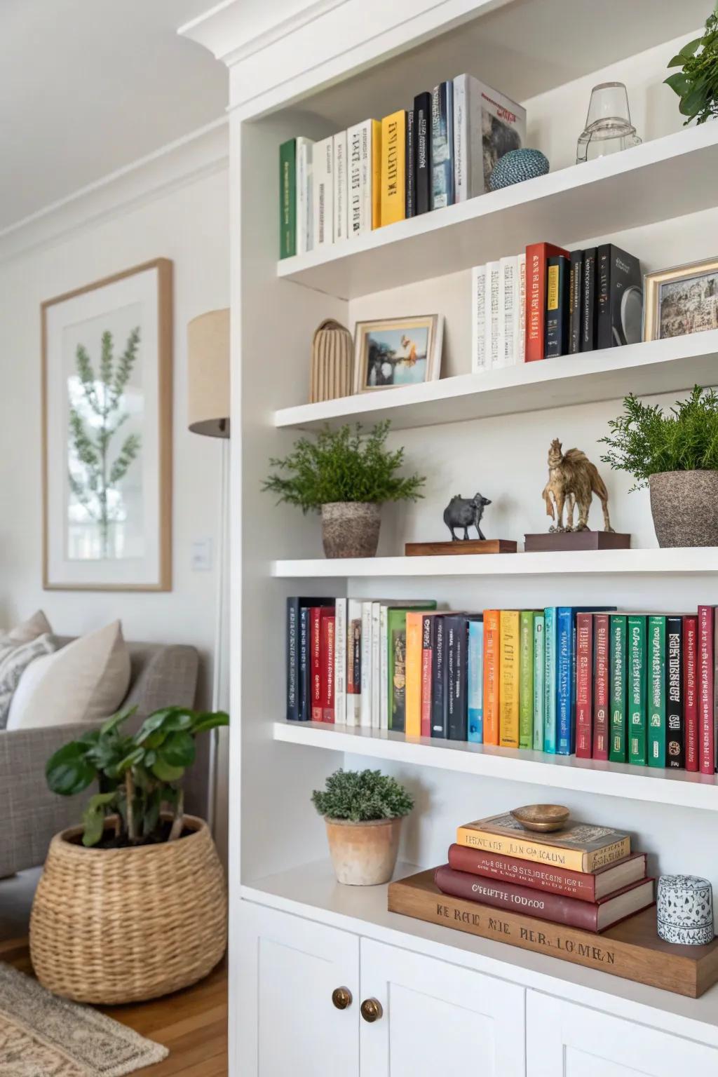 Books paired with decorative elements bring a uniquely personal feel