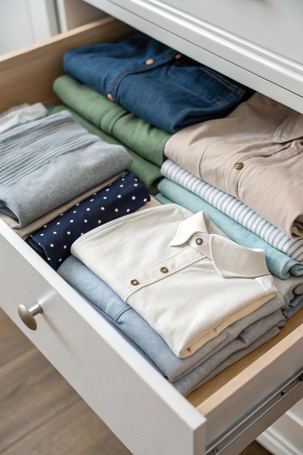 Arranging apparel the KonMari manner for optimal drawer capacity and visibility.