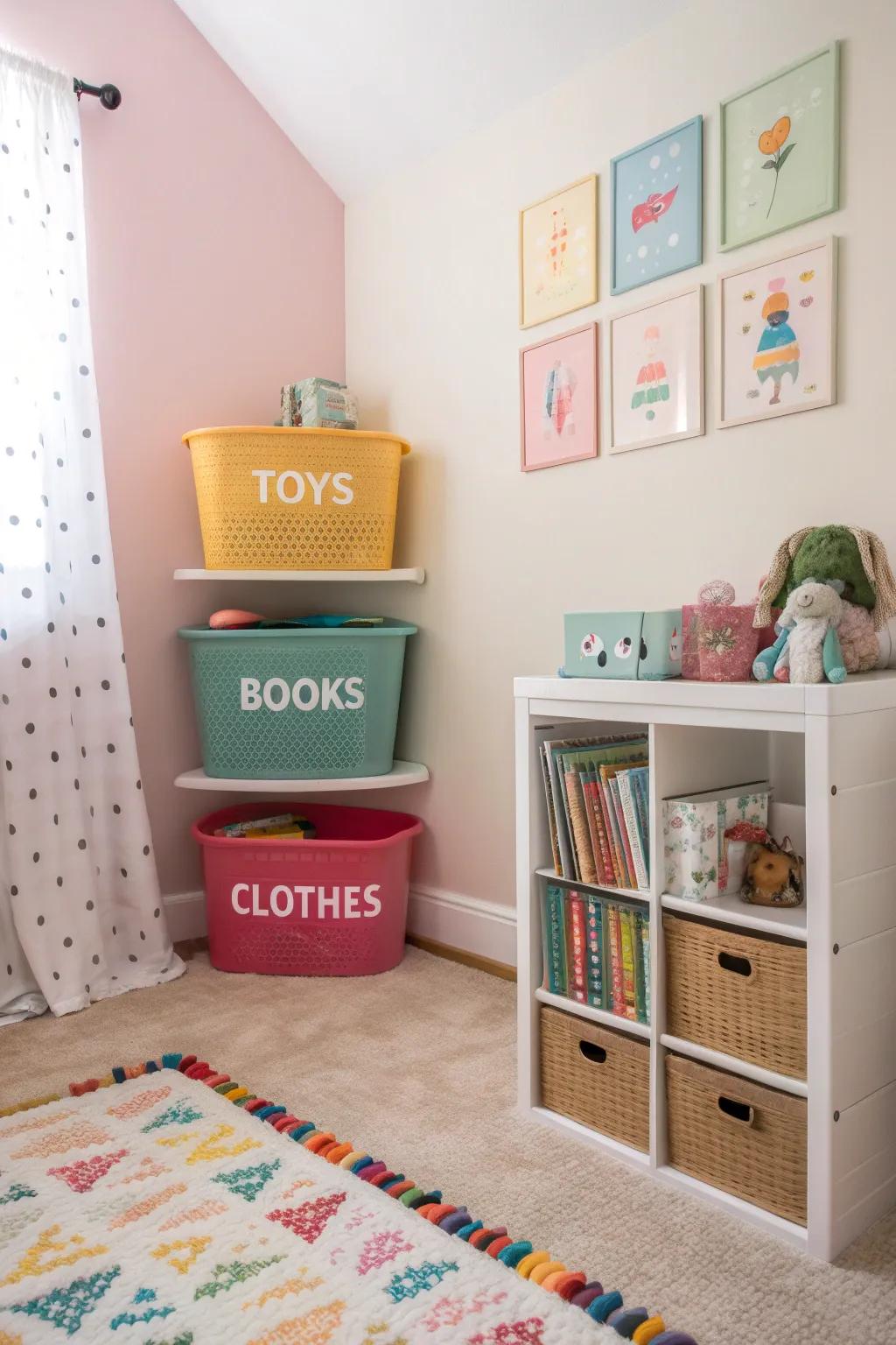 Color-themed baskets add function and a splash of color.