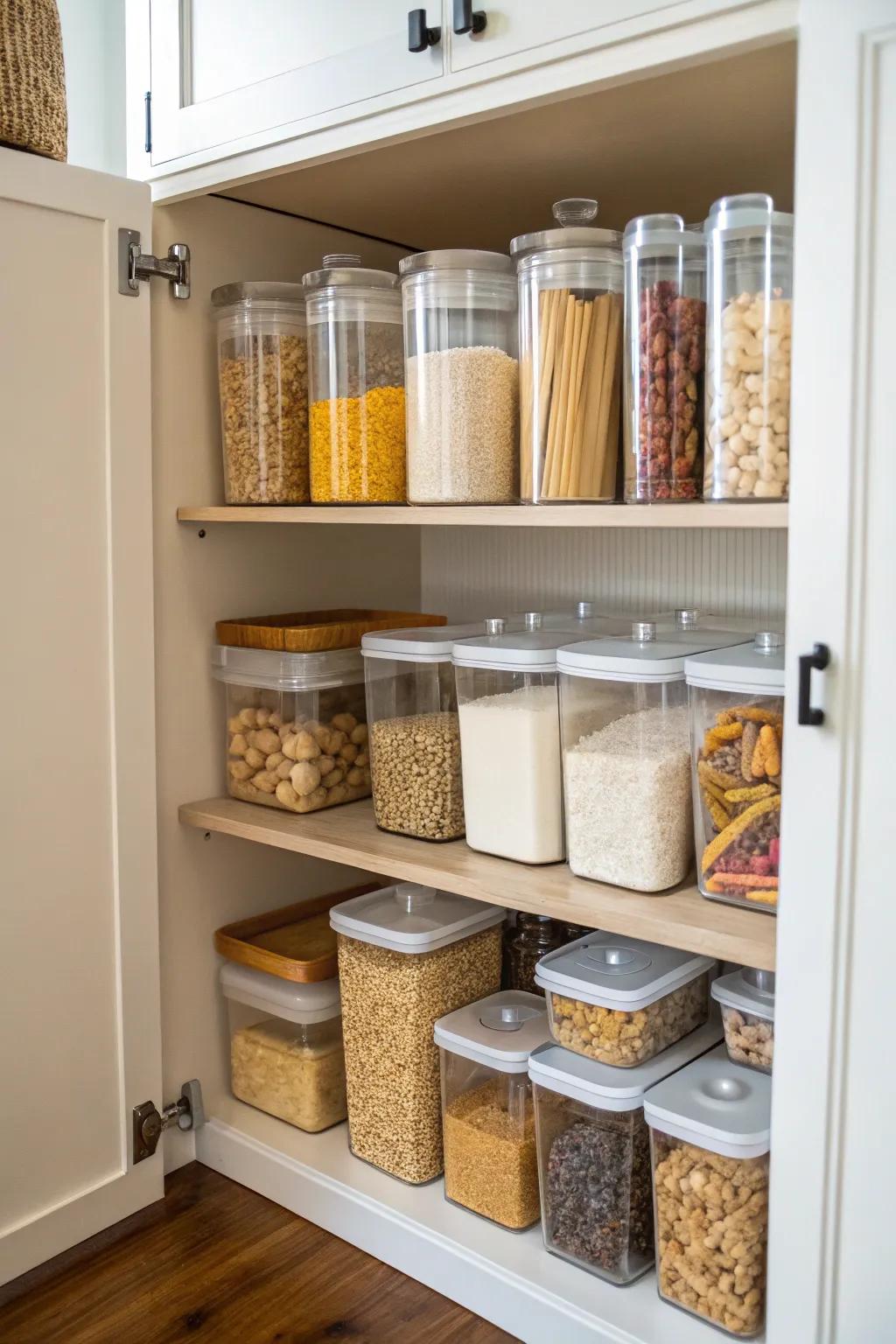 Clear containers are key to streamlining your pantry organization.