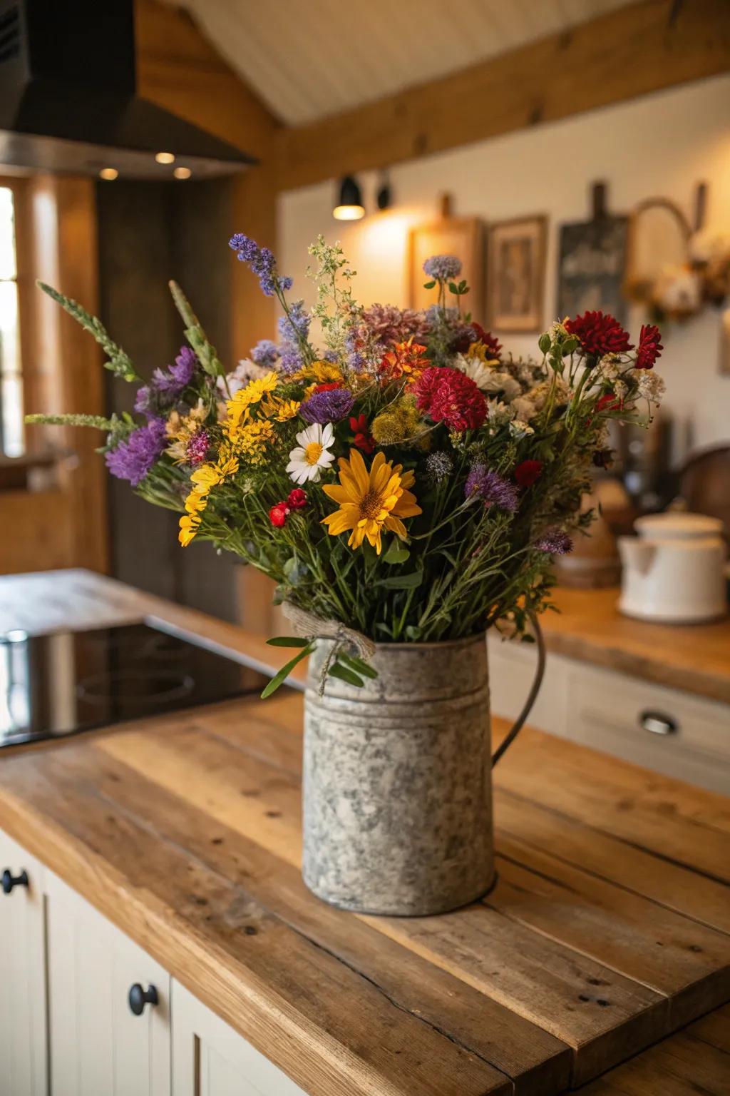 A country-style metallic container featuring a blend of lively uncultivated flowers.