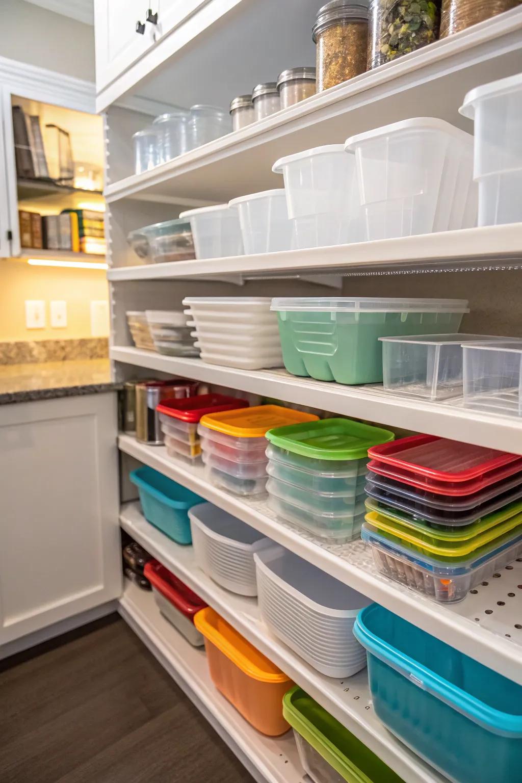 Kitchen shelves meticulously arranged with plastic containers using strategic dividers.