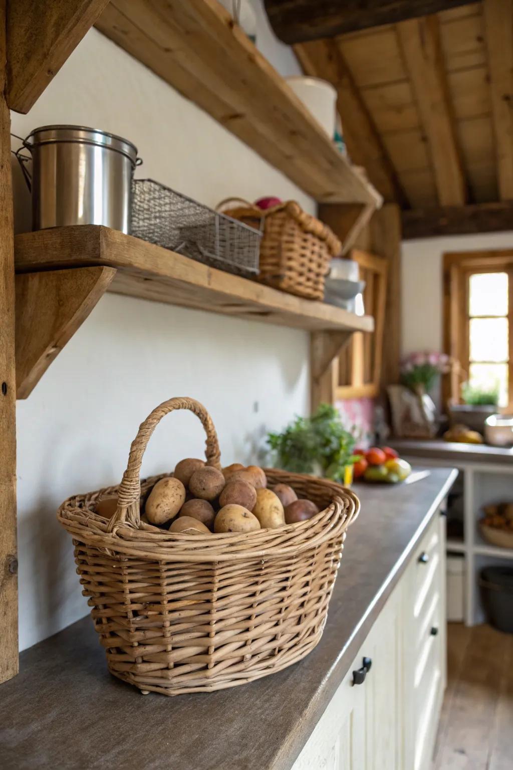 A rustic, wicker basket filled with potatoes adds countryside charm.