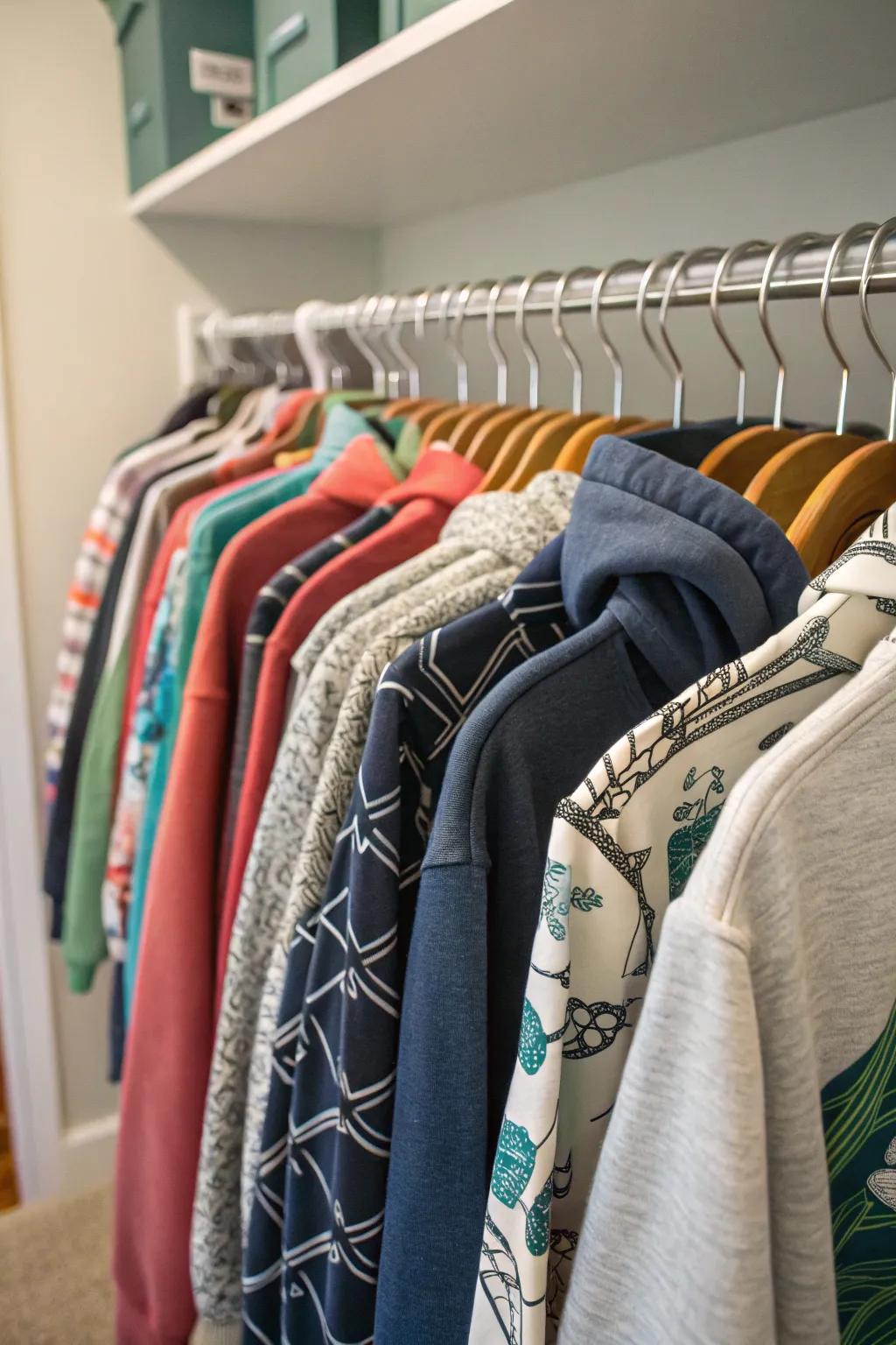 Hang sweatshirts on closet rods, freeing up shelf space.