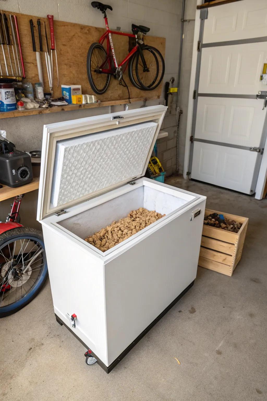 A used chest freezer becomes a great moisture-proof storage solution for wood pellets.