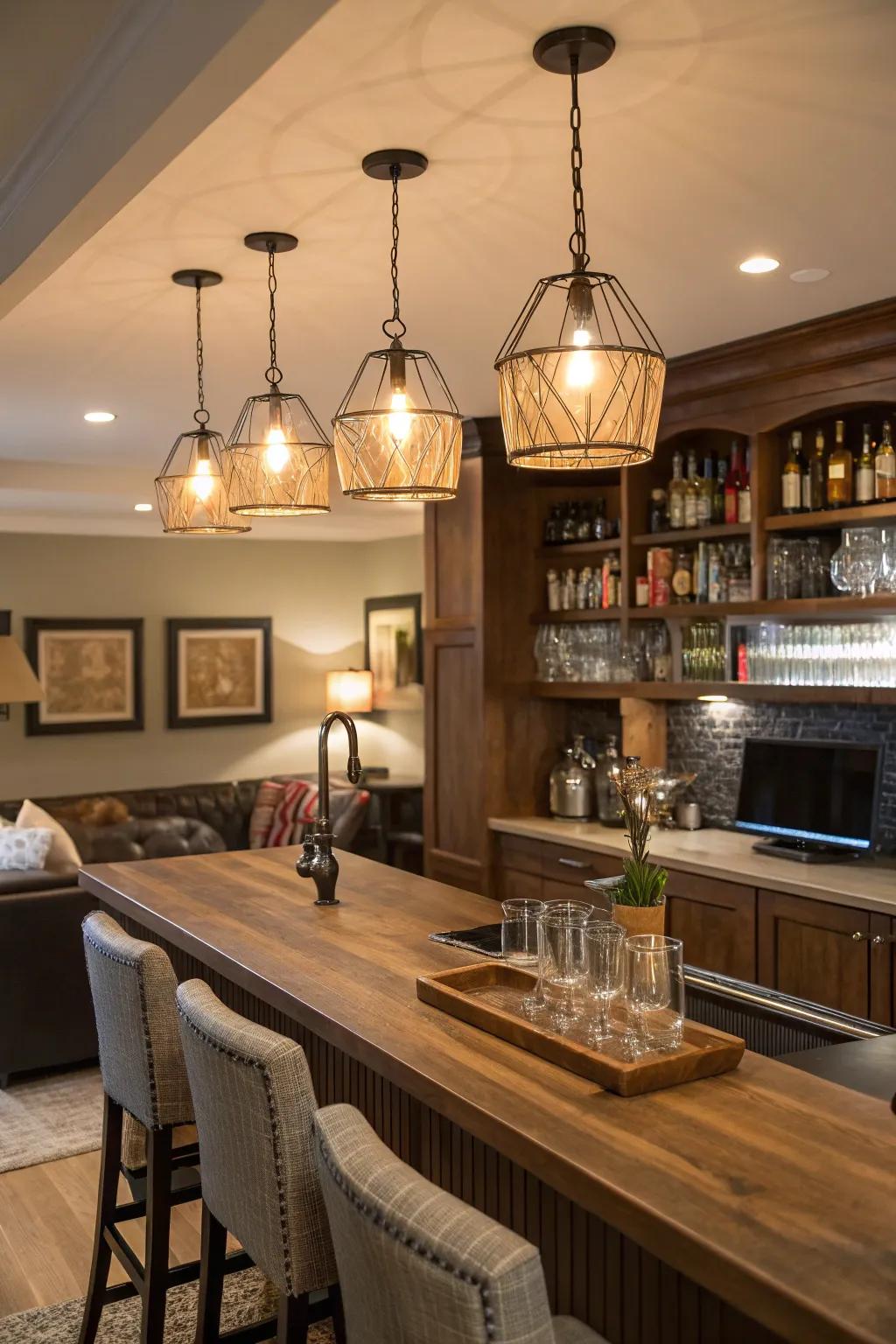 Drop lights create the ideal vibe for your home bar.
